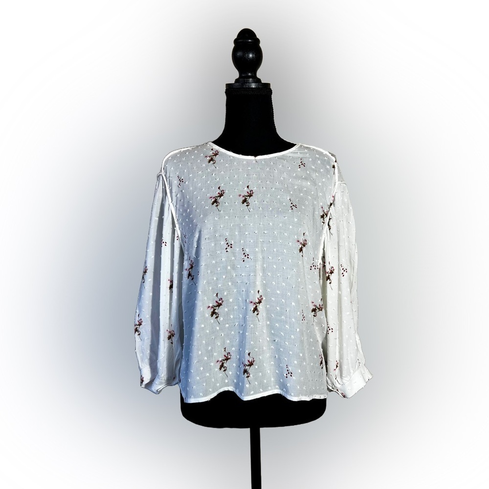 Lush White Embroidered Floral Blouse Small Tie Back Long Sleeve 100% Rayon